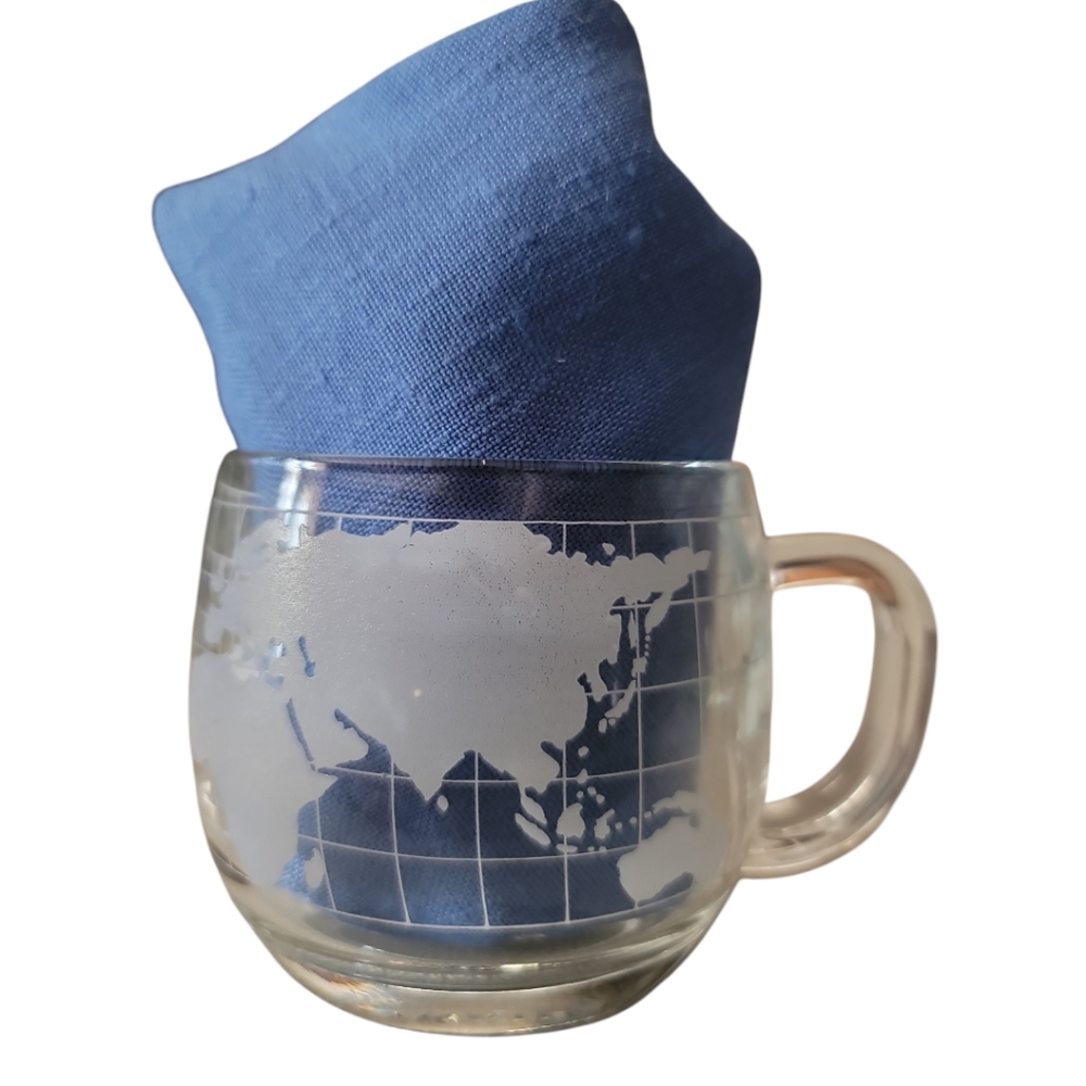 Nescafe mugs (5) clear world globe etched glass vintage 70s Nestle drinkware